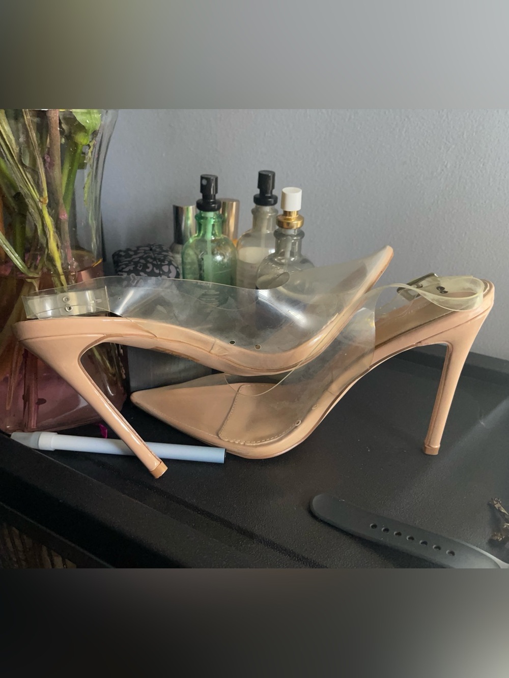 Fashion Nova Nude Clear PVC Pointed Stiletto Heels